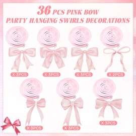 Fanfanwin 36 Pcs Valentine‘s Day Pink Bow Party Hanging Swirls Decorations Coquette Pink Theme Birthday Party Decorations Small Mini Bows for Crafts Garland Bridal Bachelorette Supplies