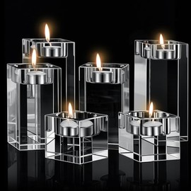 Perthlin 6 Pcs Crystal Tea Light Candle Holders Glass Votive Candle Stands Square Candlestick Holders for Wedding Dining Living Room Centerpiece Decorations, 1.57", 3.15", 3.94"
