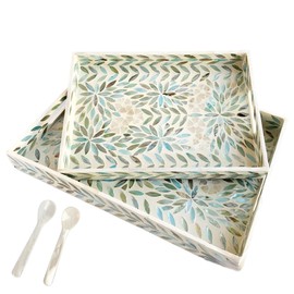 i-lan Set of 2 Mother of Pearl Rectangule Ottoman Severing Tray with 2Packs Decorative Caviar Spoons,16" and 14" Sea Shell Inlay Counter Top Decorative Tray,Handmade Lacquer Wooden Decorative Trays