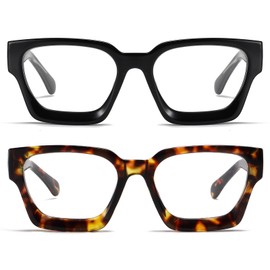 PUBOWT Oversized Reading Glasses for Women Oprah Style Computer Thick Readers Blue Light Blocking Spring Hinge Eyewear PT2007 (2 Pair Black+Demi) + 150 X