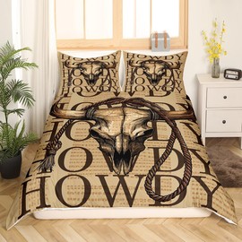 Rustic Western Quilt Set S Size, Retro Brown Cow Bull Skull Sketch Children's Duvet Cover Set (Not Comforter), Southwest Cowboy Theme Howdy Print Bedding Set Soft Bedroom Decor, 2 Pieces