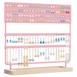 GPUSFAK Earring Holder Organizer Stand - Earrings Display Rack 144 Holes Jewelry Holder Tower with Wooden Tray for Earrings Rings Pink