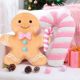 Yalikop 2 Pcs Christmas Gingerbread Man Cane Pillow Christmas Plush Throw Pillow Decorations Couch Sofa Decor Plush Stuffed for Home Winter Holiday Party Decoration (Pastel)