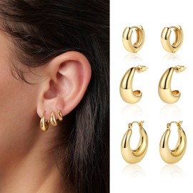 MIDEEO Gold/Sliver Chunky Hoop Earrings Set for Women, 14K Gold Plated Twisted Huggie Hoop Earring Hypoallergenic Thick Open Lightweight Chunky Hoop Earrings Jewelry for Gifts