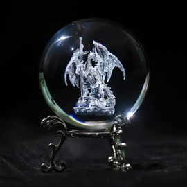 vskikris 2.36in 3D Laser Engraving Dragon Guardian of The Space Orb and Excalibur Dagger Blade Sword Figurine Crystal Ball Paperweight