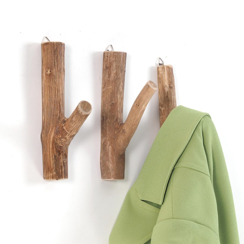 DESIGN DELIGHTS Set of 3 Wardrobe Hooks, Limb, Teak Root,