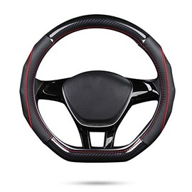 Ergocar Funda Volante De Coche Antideslizante Volante De Coche Protector Forma De D Fibra de Carbono & Piel de Vaca de Primera Capa para Diámetro 38cm (15 ") (D-Negro-Rojo)