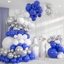 133pcs Blue White Silver Balloons Arch Kit, 18/12/10/5 Inch Royal Blue Metallic Silver Balloons for 2025 Graduation, Birthday, Wedding, Father’s Day Party Decorations