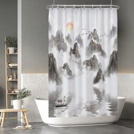 Baocicoo Chinese Ink Painting Shower Curtain Sets Sunrise Sea of Clouds Asian Mountain Landscape Shower Curtains for Bathroom Teahouse Cubicle Fabric Bathroom Decorations with Hooks 48x72 Inches