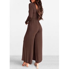 KIRUNDO Women's 2025 Summer Fall Fashion Long Sleeve Jumpsuits Casual Dressy One Piece Square Neck Wide Leg Pants Romper(Coffee, Large)