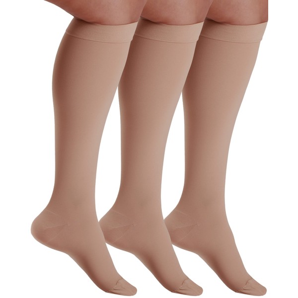 (3 Pairs) Opaque Compression Socks for Men and Women 20-30mmHg - Compression Support Stockings for Improving Circulation during Pregnancy, Travel, Airplane, Running - Beige, Large - A501BE3-3