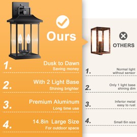 OYKYOHEI Exterior Lighting Fixtures,15" Outdoor Wall Light,Black Outdoor Sconces,Dusk to Dawn Large 2-Light Outside Porch Light Modern Lighting with Clear Glass Shade for Front Door, Porch, Garage