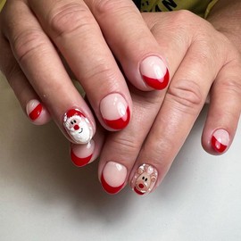 French Tip Christmas Press on Nails Short Square Fake Nails False Nails with Santa Claus and Elk Designs Glossy Press ons Glue Stick on Nails for Women 24Pcs