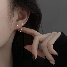 Dervivea Boho Long Chain Dangle Earrings Silver Chain Threader Earrings Ball Ear Threader Earrings Chain Thread Through Earrings Sleek Chain Drop Earrings Jewelry for Women(Ball)