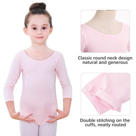 Soudittur Girls Leotard Pink Ballet Dance Team Basic 3/4 Long Sleeve Mesh Back Cotton Bodysuit Dancewear for Teens (Pink, Tag 120(Age 6-8 Height 45-49”))