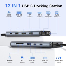 USB C Docking Station Dual Monitor, Laptop Docking Station 3 Monitors, MOKiN 12-in-1 USB C Dock Hub Multiport Adapter with 4K HDMI+DisplayPort+VGA, 100W PD, 4 USB Ports, Ethernet, SD/TF and Audio
