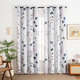 Floral Plant Watercolor Blackout Curtains 84 inches Long 2 Panels Set, Ink Flowers Poppy Buds Art Curtains Darkening Privacy Protection Thermal Insulated Blackout Window Drape with Grommet 42x84