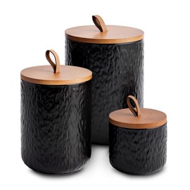 JOJUNO Black Ceramic Canister Set with Wooden Lid, 3-Piece Airtight Food Storage Jars for Kitchen Counter - Flour, Sugar, Coffee, Tea, Spice - Small, Medium, Large Sizes - Stone Texture