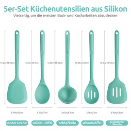 Silikon-Küchenkochutensilien-Set mit 5 Stück: U-Taste 230°C hohe Hitzebeständigkeit lange Küchenutensilien BPA-frei Antihaft-Gummi Kochzubehör zum Rühren Braten Servieren Begießen Mischen (Aqua Sky)