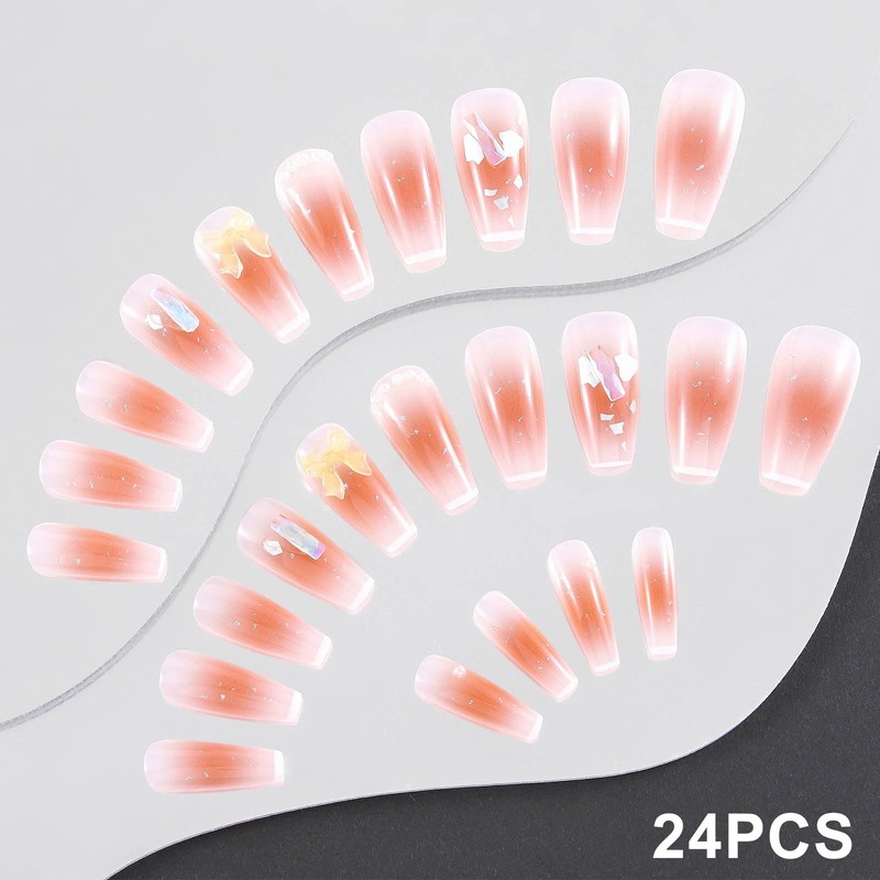 Sethexy Pink Long Coffin Fake Nails Gradient 3D Press On