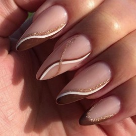 SINHOT Medium Press on Nails Almond Fake Nails White Brown Ombre Acrylic Nails Glossy Glue on Nails Gold Glitter Stiletto Artificial Nails French Tip Stick on False Nails with Design 24 pcs