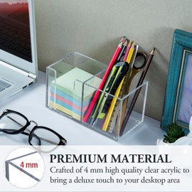 MyGift Clear Acrylic Office Sticky Note and Stationary Holder, Desktop Pencil Cup Storage Caddy with Self Adhesive Memo Pad Stand