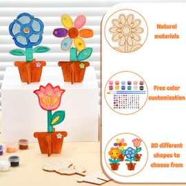 Pack of 20 Wooden Flowers for Painting, Flowers Wooden Craft Sets for Children, 3D Wooden Flowers, Craft Set, Children's Birthday Party with Crystal Stickers, Brushes, Colours for Children for Crafts