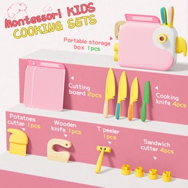 Lullulii Montessori Kitchen Tools for Toddlers,Kids Knife for Real Cooking,Toddlers Knife Set with Storage Box Kids Safe Knives Children Cutting Set and Peeler,Montessori Toys for Kitchen Set -Pink