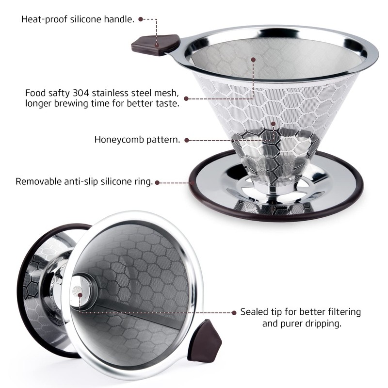 FOXAS Pour Over Coffee Filter Dripper, Reusable Stainless Steel Metal