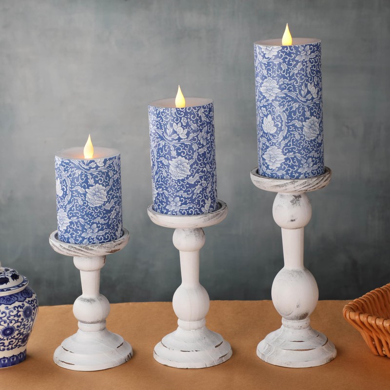 Baquler 3 Pcs Chinoiserie Flameless Pillar Candles Blue and White