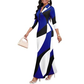 MarryUP Women's African Floral Printed Casual Party Holiday Long Maxi Dress V Neck 3/4 Sleeve Semi Formal Black Blue White L
