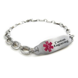 My Identity Doctor - Customizable Medical Alert Bracelet with Engraving - Steel Oval Link 7mm - Purple - Wrist Size 5.75 Inch