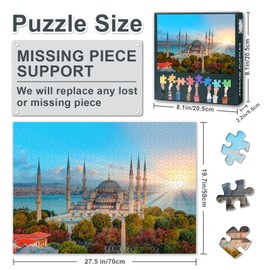 Puzzles for Adults 1000 Pieces, The Blue Mosque Jigsaw Puzzles, Islamic Landmarks in Turkey Adult Puzzle for Adults, Educational Fun Games or Toys for Elders Friends 20X27 INCH