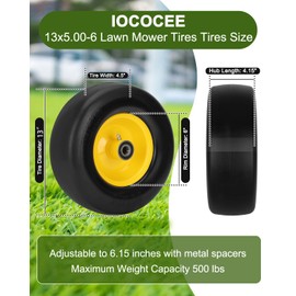 2 Pcs Upgrade 13x5.00-6 Flat Free Lawn Mower Tire and Wheel with 3/4" Chrome Steel Bearings, Zero Turn Mower Front Solid Tire Assembly for Commercial Grade Lawn, Garden Turf, 4.2"-5.2" Centered Hub