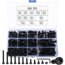 220 pieces M5 screw set, black hex screws with nuts and washers, screws, nuts and washers assortment, hex screw set with 2 pieces wrenches