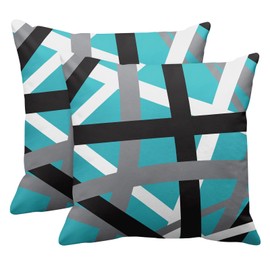 Emvency Set of 2 Throw Pillow Cover Turquoise Black Stripes Grey White Design Retro Teal Decorative Pillow Case Striped Home Decor Square 16x16 Inch Cushion Pillowcase