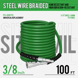SITIMIMIL® 3/8 Pressure Washer Hose 100FT Hot Water - Commercial Grade 4800PSI Steel Wire Braided, Ultra Flexible & Kink Resistant, Quick Connect Fits Most Brands, for Home & Professional Use Green