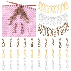 BENECREAT 33Pcs 3 Colors Number 0-9 Charm Knitting Row Counter Alloy Chain, Number Stitch Marker Charms with Lobster Clasp Stitch Markers for Knitting Weaving Sewing Accessories