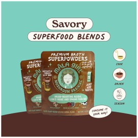 Māla Girl Ramen Broth and Seasoning Superpowder, with Reishi, Lions Mane Mushrooms to Promote Stress Balance, Immunity, Brain and Gut Health, Vegan, Gluten and Dairy Free