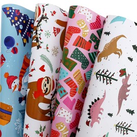 CAMKUZON Christmas Wrapping Paper for Kids Boys Girls Baby Women Men - 12 Sheets Xmas Gift Wrap 4 Cartoon Designs Dinosaur, Sloths, Snowmen, Socks - Folded Flat, 20 Inch X 29 Inch Per Sheet