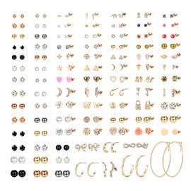 BESTEEL 93 Pairs Assorted Multiple Stud Earrings Set for Women Simple Faux Pearl Hoop Earrings Bar Moon Star CZ Stud Earring Jewelry, Gold