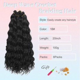 MLETULIPS Curly Crochet Braiding Hair Extensions Deep Wave Braiding Hair Ocean Wave Crochet Hair Soft Synthetic Bohemian Curly Water Wave Crochet Braids for Women (1B, 20 inch/6 Pack)