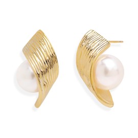 Frigotine Chunky Gold Pearl Stud Earrings for Women, Trendy Statement Textured Geometric Seashell Wing Swirl Dangle Drop Prom Wedding Fashion Jewelry Gift