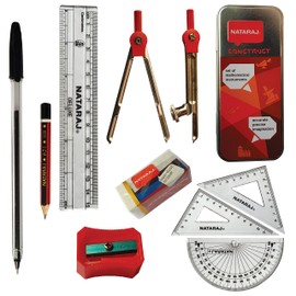 9 Pcs INSTA Maths Geometry Set, Drawing Compass Maths Protractor Ruler Squares Pencil Sharpener Eraser Set for Student Exam Instruments in Tin Case, iZOFAX Black Ball Pen