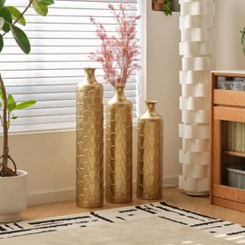 Gold Floor Vase Set of 3, Large Metal Vase for Dried Flower, Home Decor Metallic Centerpiece Vases for Living Room, Farmhouse, Standing Vases Decorative Tall 25.2"/29.3"/34.2" Retro Embossed Style