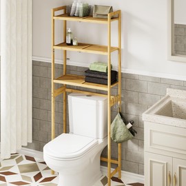 AMBIRD Over The Toilet Storage, 3-Tier Bathroom Organizer Over Toilet with Sturdy Bamboo Solid Shelves, Non-Slip Pads and 3 Hooks, Multifunctional Behind Toilet Shelf Rack, Space Saver (Original)