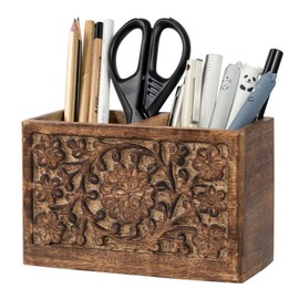 Mie Creations 2 Slot Rustic Pencil Holder Pen Stand for Desk Organizer | Handcarved Wooden Pen Holder for Desktop Table, Wood Office Accessories | Multipurpose School Stationery Craft Supplies 6''