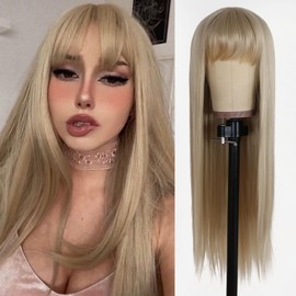 TaBeWay Ash Blonde Long Straight Hair Wigs Glueless Synthetic None Lace Wigs with Bangs Heat Resistant Fiber Synthetic Hair for Fashion Women Party Cosplay