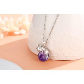 Reaii Natural Amethyst Cat Necklace for Women 925 Sterling Silver Cute Kitten Pendant with Genuine Amethyst Jewelry Gifts