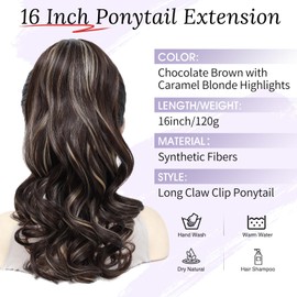 Wirctp Ponytail Extension,16" Claw Clip in Ponytail Extensions Long Curly Ponytail Hairpiece for Women Fluffy Natural Synthetic Pony Tails for Daily Use(Chocolate Brown with Caramel Blonde Highlights)
